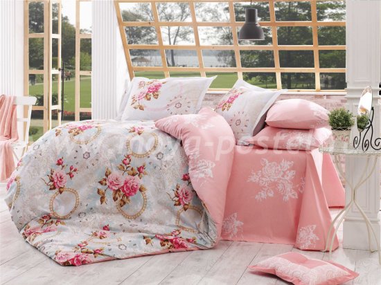 Ярко-розовое постельное белье из поплина «CLEMENTINA» с розами, семейное в интернет-магазине Моя постель