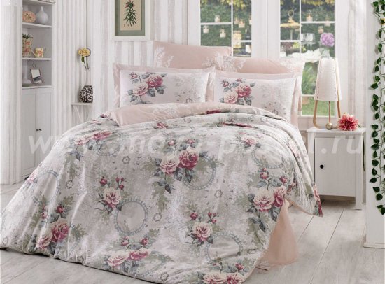Светло-розовое постельное белье из поплина «CLEMENTINA» с розами, полутороспальное в интернет-магазине Моя постель