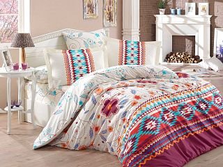 Бордовое постельное белье с имитацией вышивки «FRANCESCA» из поплина, полутороспальное в интернет-магазине Моя постель
