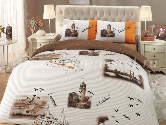 Коричневое постельное белье «ISTANBUL» с изображениями города Стамбула, ранфорс, полутороспальное в интернет-магазине Моя постель
