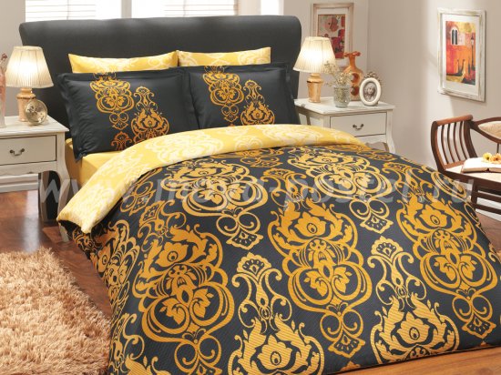 Черное постельное белье «MONART» с золотым орнаментом, сатин, евро размер в интернет-магазине Моя постель