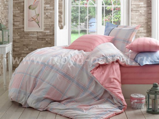 Постельное белье евро размера «CARMELA», розовое с голубой клеткой, поплин в интернет-магазине Моя постель