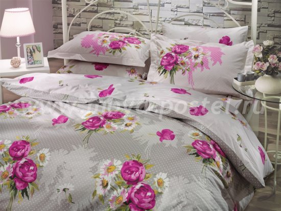 Двуспальное постельное белье «CALVINA», светло-серое с яркими розовыми цветами, поплин в интернет-магазине Моя постель