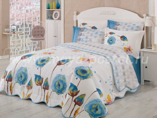 Постельное белье с голубыми цветами «VERONIKA», евро размер, поплин в интернет-магазине Моя постель