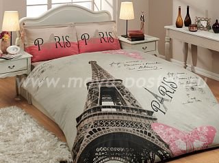 Бежевое постельное белье из поплина «PARIS» с Эйфелевой башней, двуспальное в интернет-магазине Моя постель