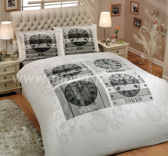 Белое постельное белье «WORLD CLOCK» с монохромным принтом, поплин, двуспальное в интернет-магазине Моя постель