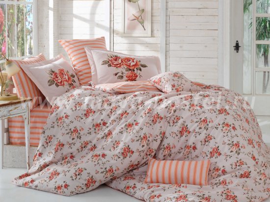 Персиковое постельное белье из поплина «FLORA», евро размер в интернет-магазине Моя постель