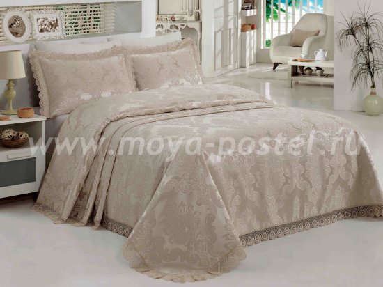 Однотонный бежевый набор из покрывала и наволочек «EVITA» с вышивкой и кружевом, евро - интернет-магазин Моя постель