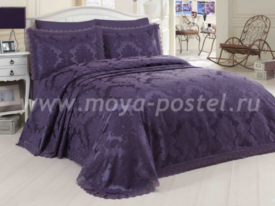 Однотонный набор сливового цвета из покрывала и наволочек «EVITA» с вышивкой и кружевом, евро - интернет-магазин Моя постель