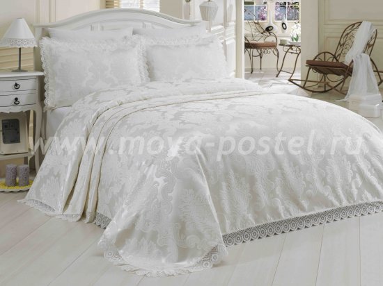 Однотонный кремовый набор из покрывала и наволочек «EVITA» с вышивкой и кружевом, евро - интернет-магазин Моя постель