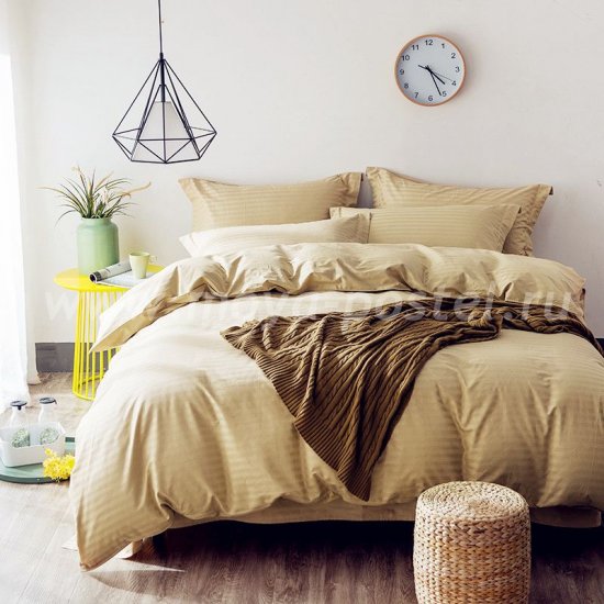 Бежевое постельное белье на резинке CFR004, страйп-сатин, евро (160*200*30) в интернет-магазине Моя постель