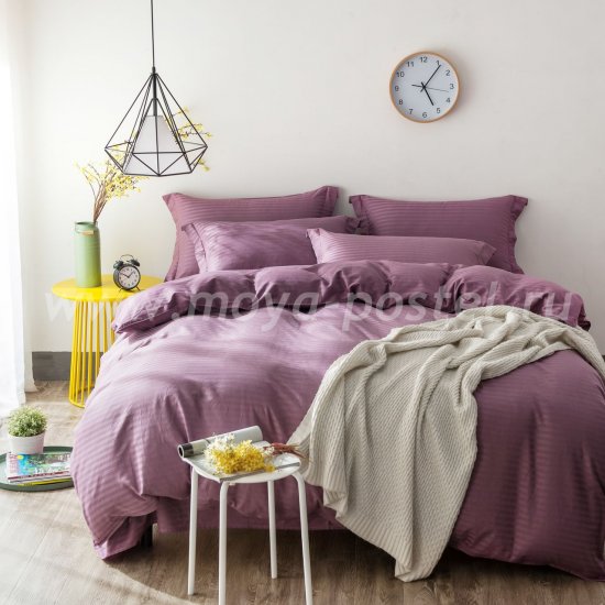 Двуспальное постельное белье с простыней на резинке CFR008, фиолетовое, страйп-сатин (160*200*30) в интернет-магазине Моя постель