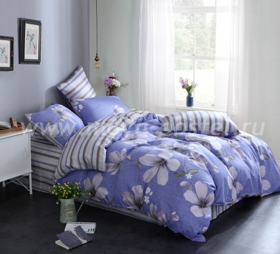 Полутороспальный комплект синего постельного белья из сатина с цветами C265 (70*70) в интернет-магазине Моя постель