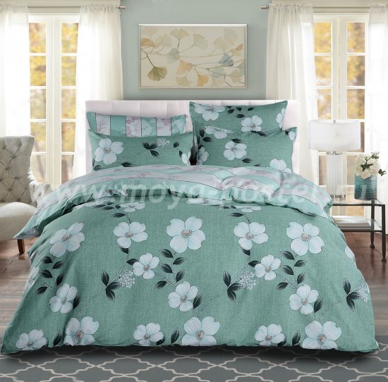 Полутороспальный комплект зеленого постельного белья из сатина с белыми цветами C266 (50*70) в интернет-магазине Моя постель