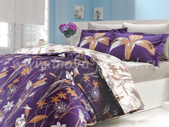 Фиолетовое постельное белье из поплина с изображением лилий «CLARINDA», полутороспальное в интернет-магазине Моя постель
