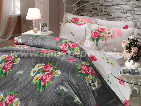 Постельное белье из поплина «CALVINA», серое с розовыми цветами, евро в интернет-магазине Моя постель