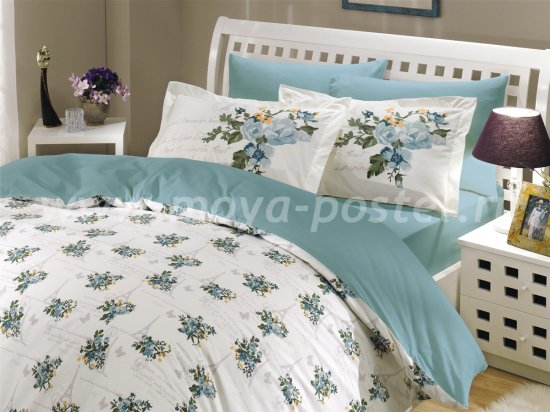 Семейный комплект бирюзового постельного белья «PARIS SPRING», поплин в интернет-магазине Моя постель