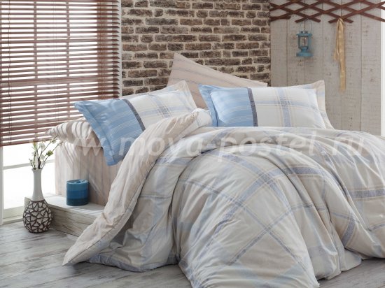 Бежевое постельное белье «CARMELA» с голубой клеткой, поплин, двуспальное в интернет-магазине Моя постель
