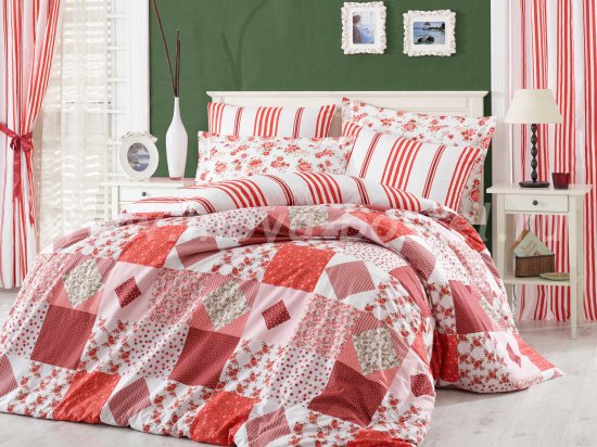 Комплект красного постельного белья из поплина «CLARA» с клетчатым узором, полутороспальный в интернет-магазине Моя постель