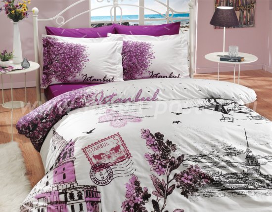 Фиолетовое постельное белье «ISTANBUL PANAROMA» с изображением города Стамбула, поплин, двуспальное в интернет-магазине Моя постель