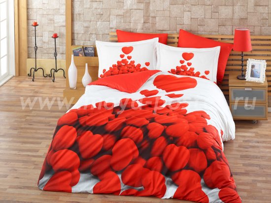 Постельное белье с красным 3D принтом «ROMANTIC», евро, поплин в интернет-магазине Моя постель