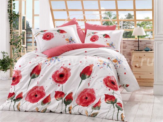 Постельное белье с красными цветами «VERONIKA», евро размер, поплин в интернет-магазине Моя постель