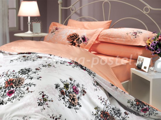 Персиковое постельное белье из поплина «CARMEN» с цветочным принтом, полутороспальное в интернет-магазине Моя постель