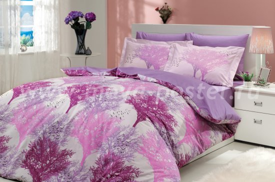 Постельное белье из поплина «JUILLET» цвета фуксия с силуэтами деревьев, двуспальное в интернет-магазине Моя постель