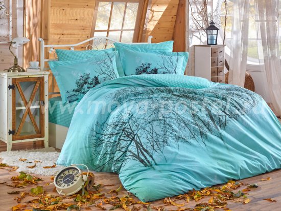 Бирюзовое постельное белье «MARGHERITA» из поплина с силуэтом леса, полутороспальное в интернет-магазине Моя постель