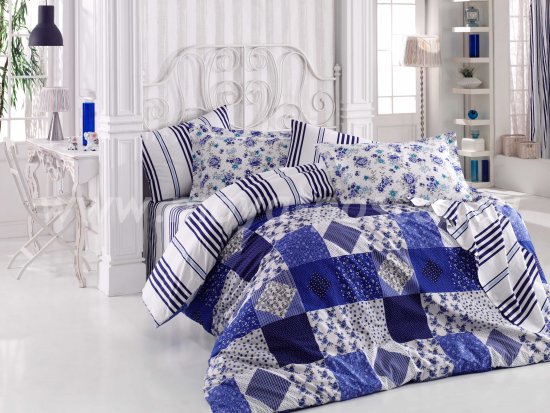 Комплект синего постельного белья из поплина «CLARA» с клетчатым узором, полутороспальный в интернет-магазине Моя постель