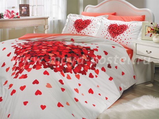 Постельное белье евро размера «JUANA» с красными сердцами, поплин в интернет-магазине Моя постель