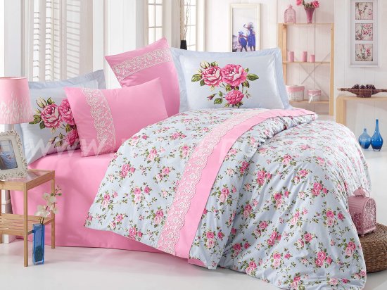 Двуспальное постельное белье «FLORA» розового цвета, поплин с кружевом в интернет-магазине Моя постель