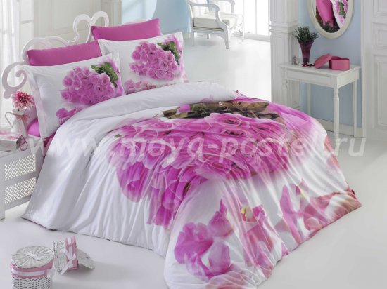 Постельное белье евро размера с цветочным принтом «LOVE STORY», розовое, поплин в интернет-магазине Моя постель
