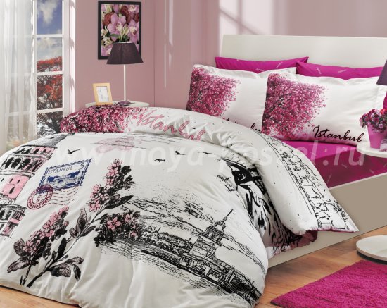 Розовое постельное белье «ISTANBUL PANAROMA» с изображением города Стамбула, поплин, полутороспальное в интернет-магазине Моя постель