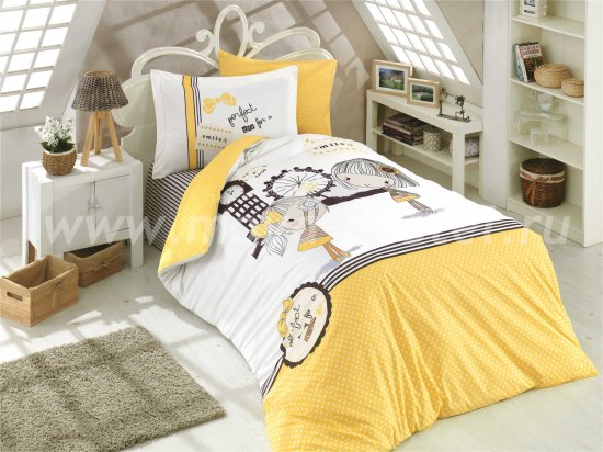 Желтое постельное белье «SMILE», полутороспальное, поплин в интернет-магазине Моя постель