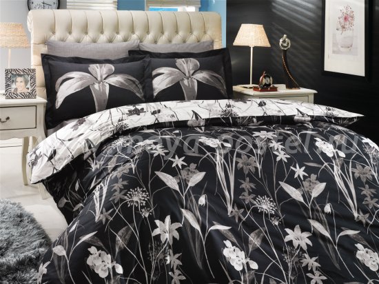 Черное постельное белье из поплина с изображением лилий «CLARINDA», полутороспальное в интернет-магазине Моя постель