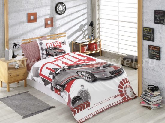 Полуторный комплект постельного белья «DRIFT», автомобиль на красном фоне, поплин в интернет-магазине Моя постель