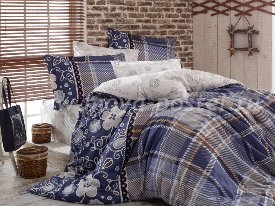 Постельное белье из сатина «MONICA», семейный комплект, синее в интернет-магазине Моя постель