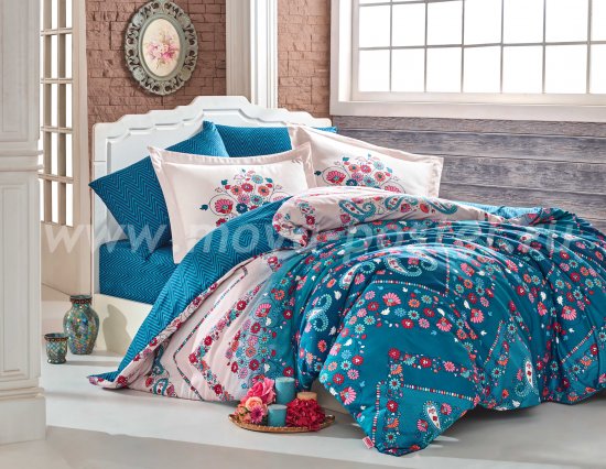 Бирюзовое постельное белье с цветами «SANCHA» из сатина, евро в интернет-магазине Моя постель