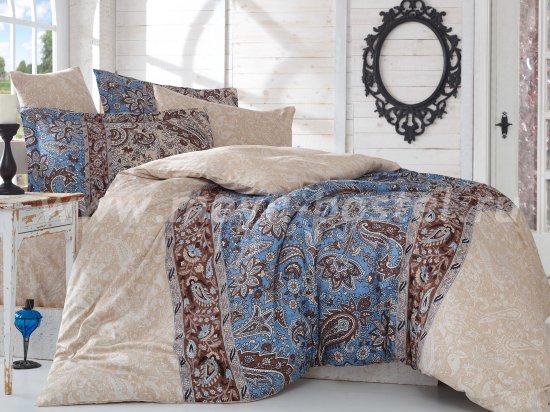 Бежевое с синим постельное белье «CATERINA», сатин, полутороспальное в интернет-магазине Моя постель