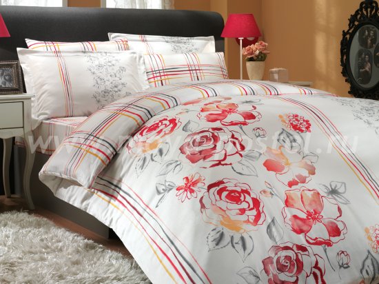 Белое постельное белье с красным орнаментом «ARABELLA» евро размера, сатин в интернет-магазине Моя постель
