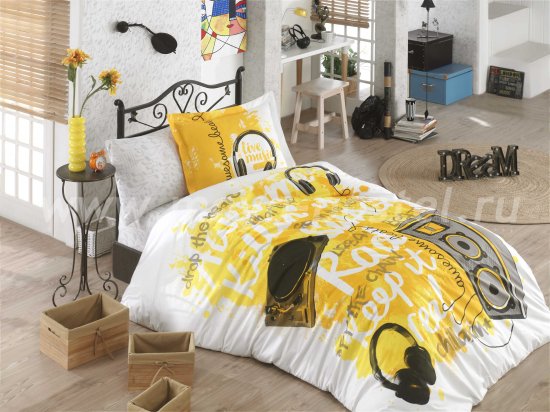 Постельное белье из поплина «LIVE MUSIC», желтое с музыкальным принтом, полутороспальное в интернет-магазине Моя постель