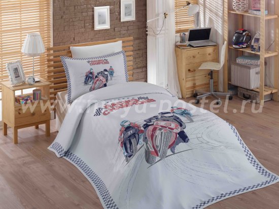 Белое постельное белье «LE-MAN» из сатина, полутороспальное, с покрывалом из жаккарда  в интернет-магазине Моя постель