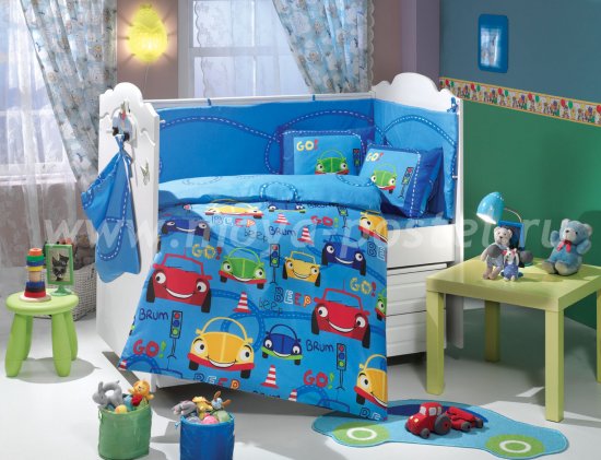 Синее постельное белье из поплина «CARS» с одеялом, детское в интернет-магазине Моя постель
