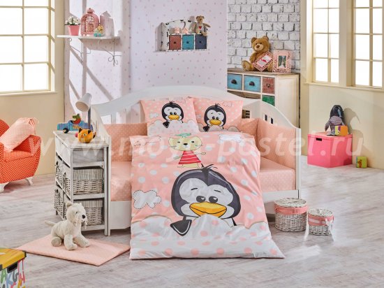 Детское постельное белье из поплина «PENGUIN» персиковое, с одеялом в интернет-магазине Моя постель