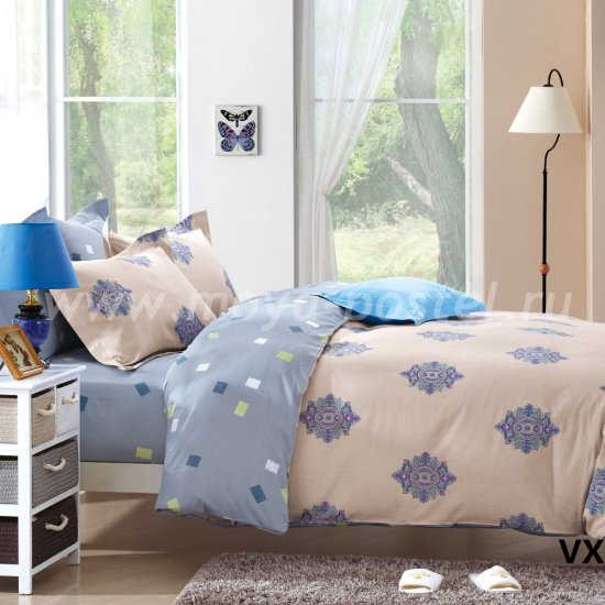Полуторное двухцветное постельное белье Kingsilk VX-92-1 из сатина, бежевое с голубым в интернет-магазине Моя постель