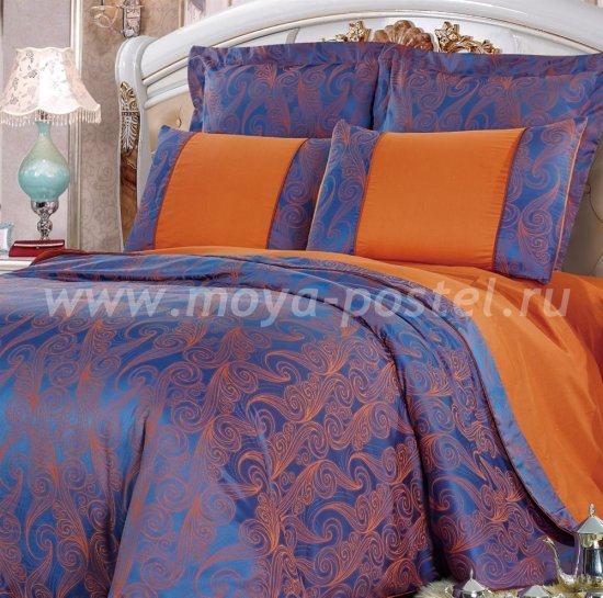 Сине-оранжевое полуторное постельное белье Kingsilk SB-118-1 из жаккарда в интернет-магазине Моя постель
