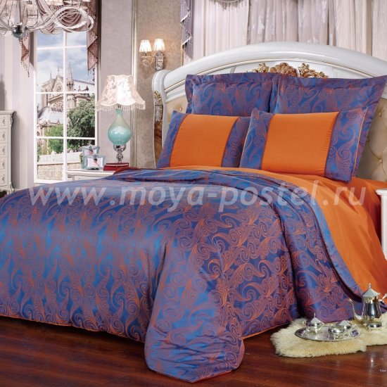 Сине-оранжевое семейное постельное белье Kingsilk SB-118-4 из жаккарда в интернет-магазине Моя постель