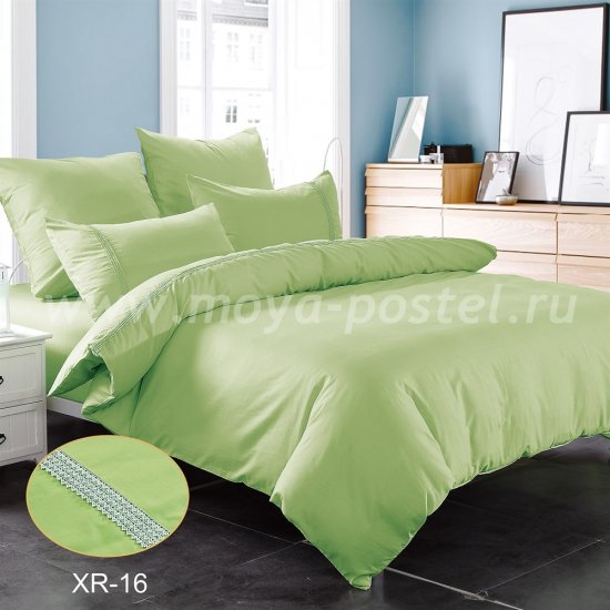Салатовое постельное белье из сатина с кружевом Kingsilk XR-16-1, полуторное в интернет-магазине Моя постель