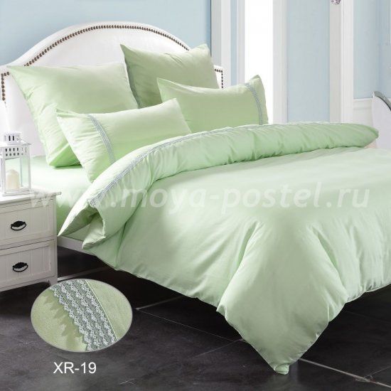 Нежно-зеленое постельное белье из сатина с кружевом Kingsilk XR-19-1, полуторное в интернет-магазине Моя постель